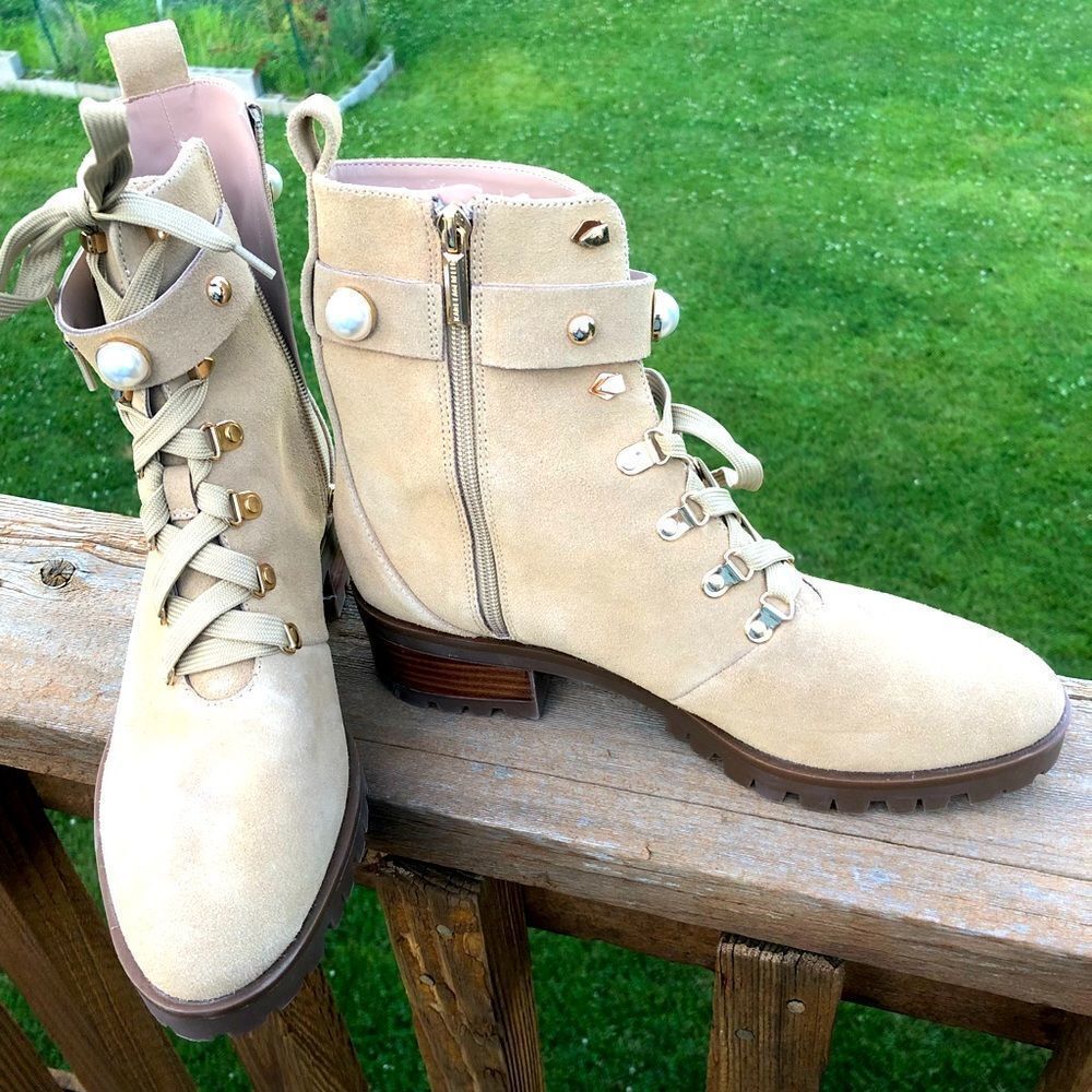 Karl Lagerfeld pearl and gold stud embellished leather lace up boots, size 10